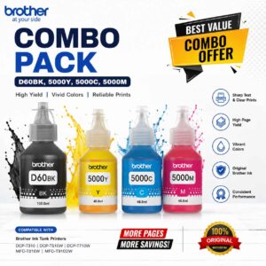 Brother Original Ink Bottle Combo Pack (BTD60BK + BT5000C + BT5000M + BT5000Y)