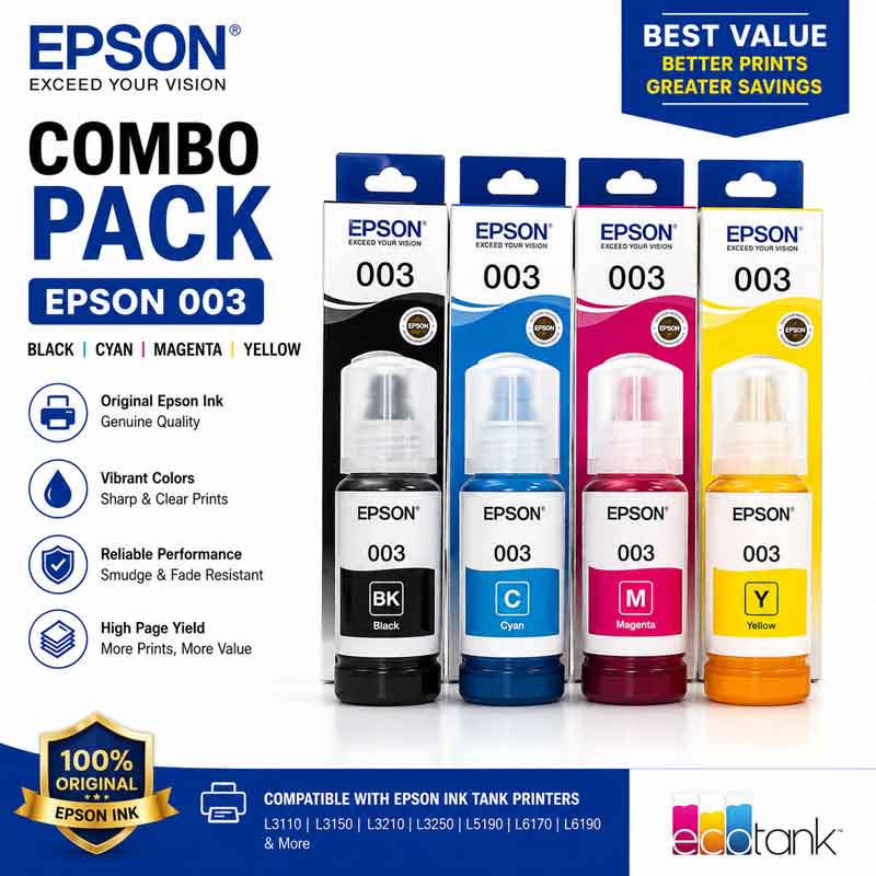 Epson 003 Original Ink Bottle Combo Pack (Black, Cyan, Magenta & Yellow)